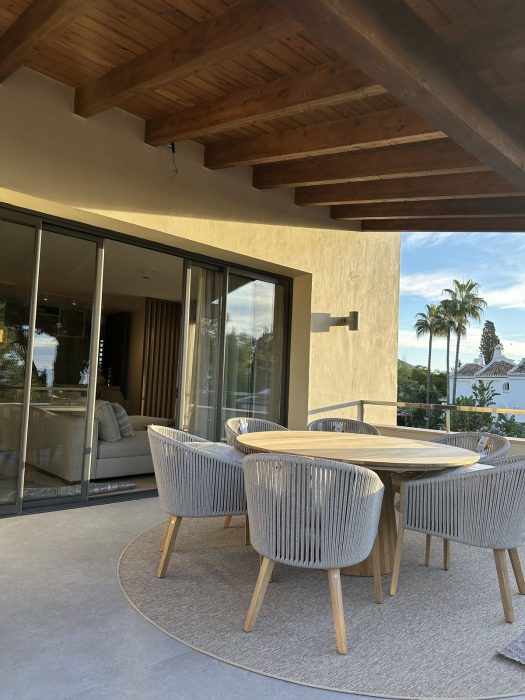 Terraza terminada del piso de lujo, con el techo de madera y el mobiliario puesto